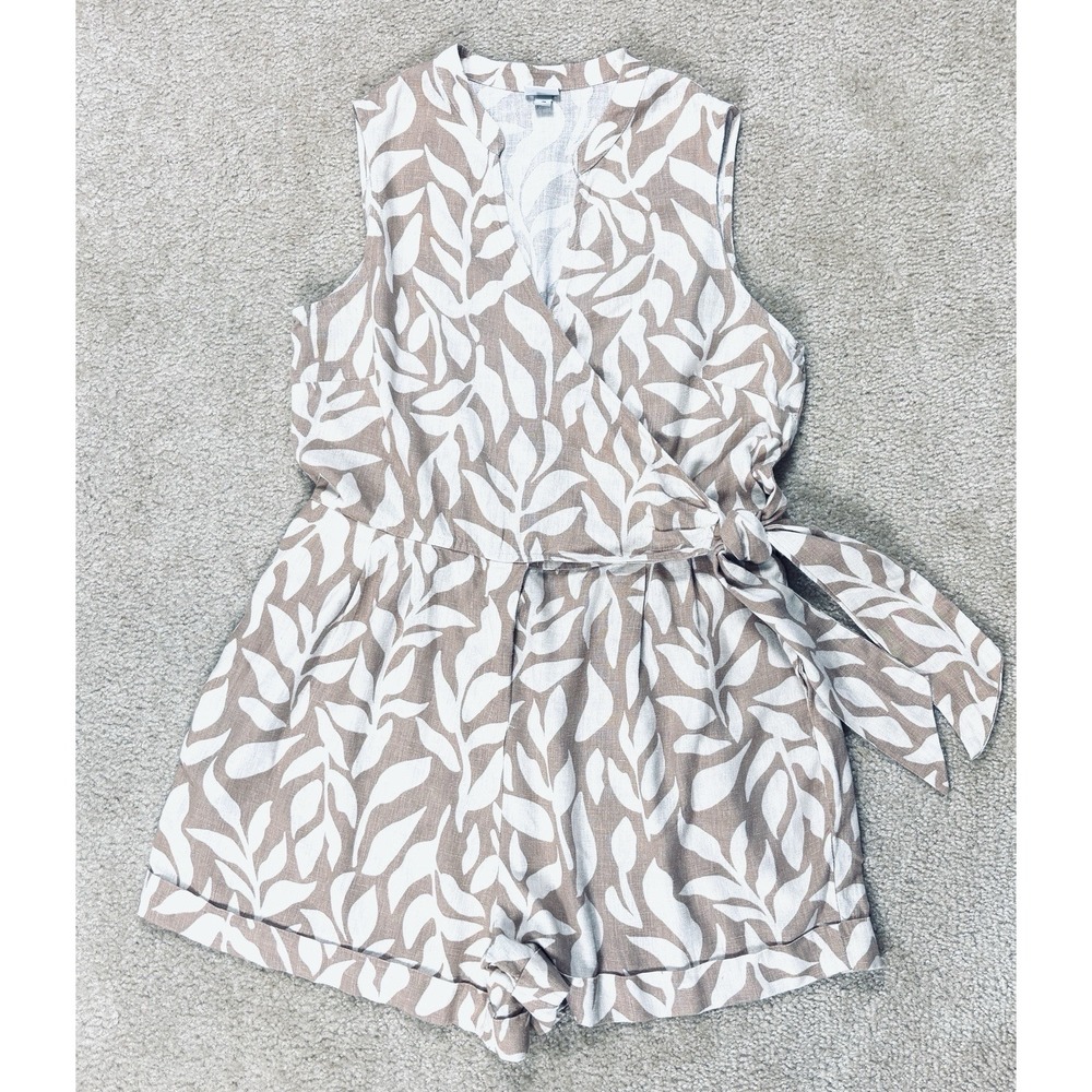 A New Day Womens Sleeveless V-Neck Linen Leaf Print Tie Waist Romper Beige L